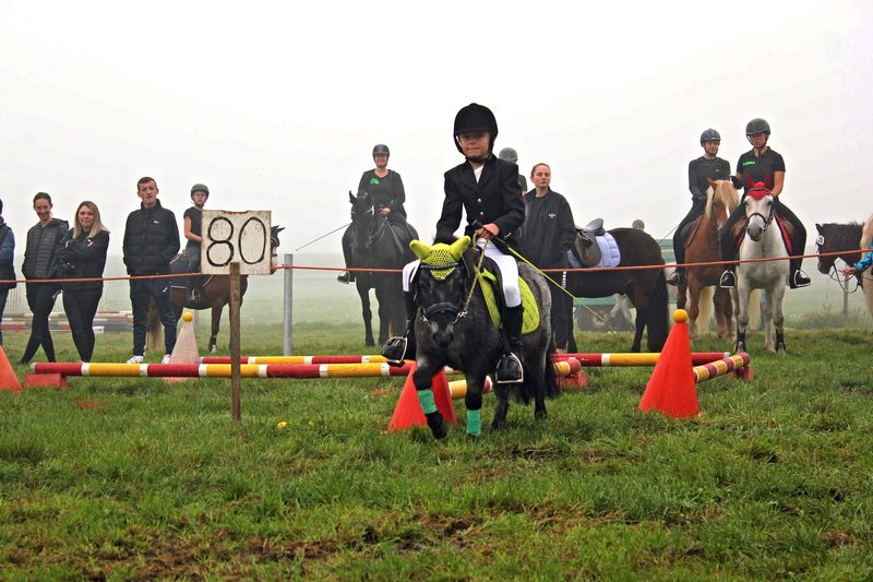 Kind auf einem Pony beim Geschicklichkeitsreiten am Hindernis